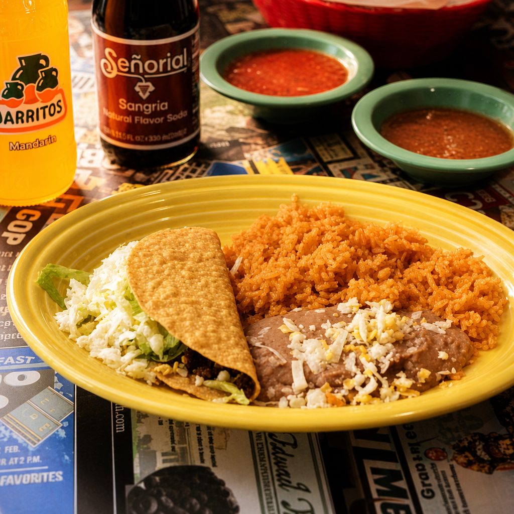 One Taco, Rice and Beans.